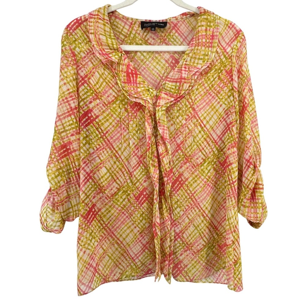Jones‎ New York Sheer Blouse Women 6 Pink Green Plaid Ruffle Roll Tab Sleeve